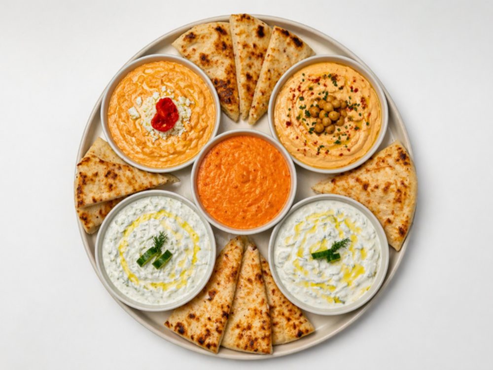 Platter of Greek dips — tzatziki, htipiti and roasted red pepper hummus with warm pita